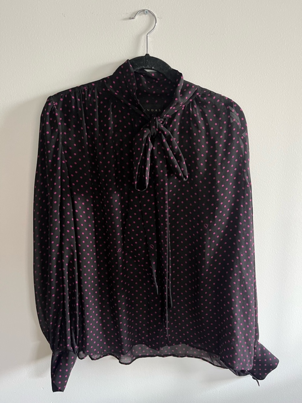 DUNDAS Black Blouse with Pink Polka Dots and Tie Neck